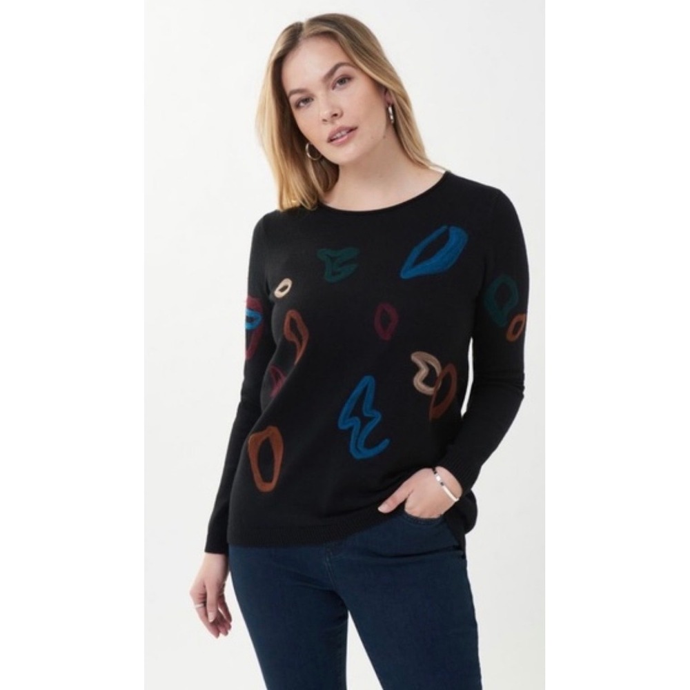 Joseph Ribkoff Sweater Womens M Black Excellent Abstract Button Back Art Knit
